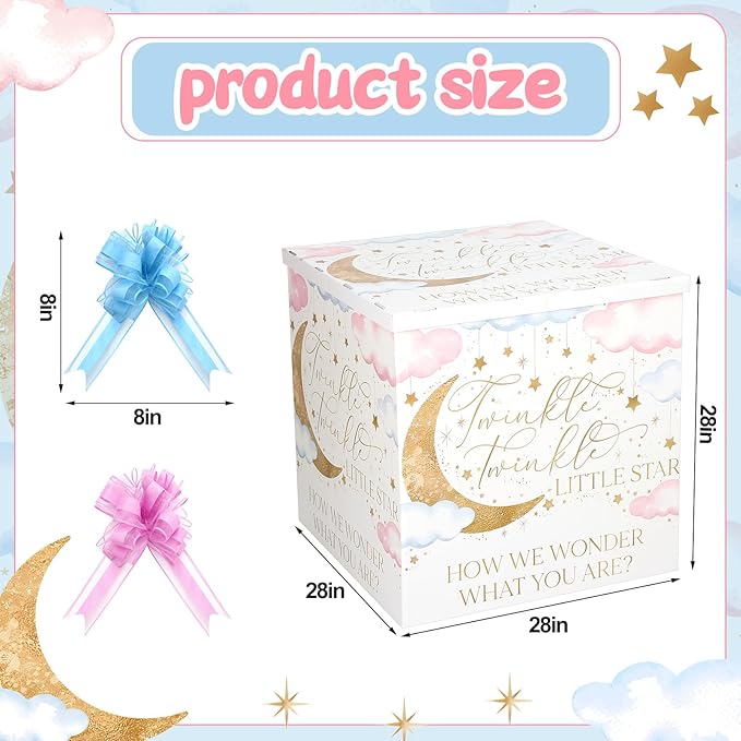 AmazingSpark 28in Jumbo Gender Reveal Gift Box Kit with Oversized Box Giant Pull Bows for Gender Reveal Baby Shower Birthday Party Decor (Twinkle Little Star)
