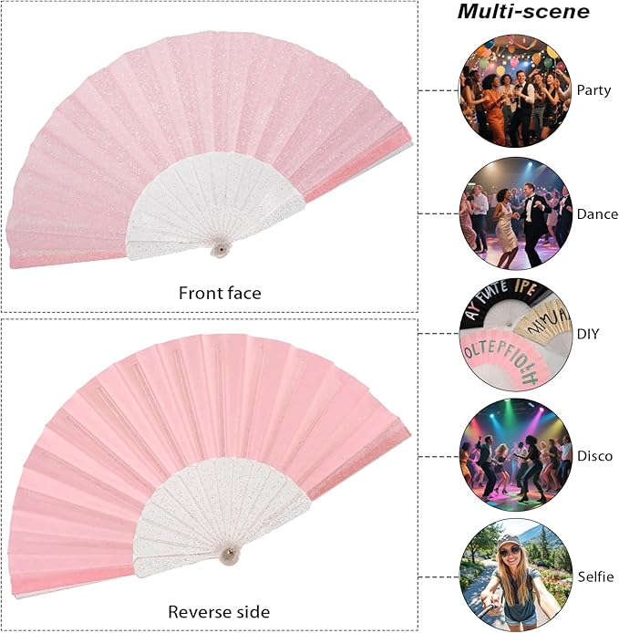 48 Pack Handheld Fan,Folding Hand Glitter fan with Shining Transparent Fan Rib – Ideal for Wedding, Church, Festival, Dance, Tea Party, Club, and EDM Accessories, Pink