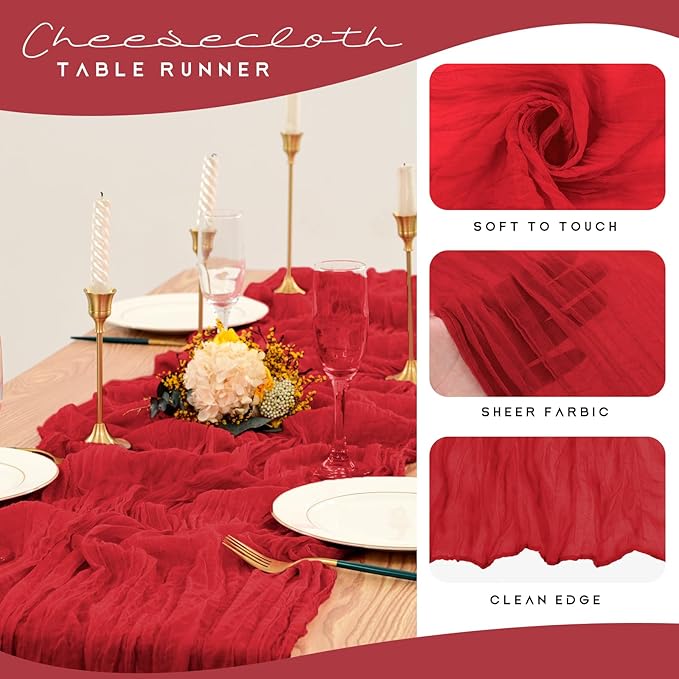 12 Pack Cheesecloth Table Runner 35 x 120 inch Long Boho Cheese Cloth Gauze Table Runners Semi Sheer Table Runner for Wedding Decor, Bridal Shower, Birthday Party (Red)