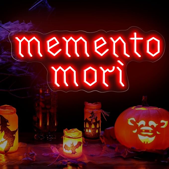 Memento Mori Neon Sign, Red Stoic Wall Art, Gothic LED Light, Creepy Halloween Decor, Gothic Decoration, Satanic Witch Decor, 16.5"x6.7"