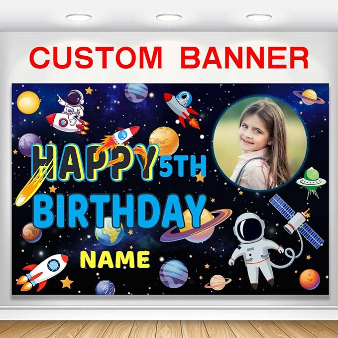 Custom Space Galaxy Astronaut Happy Birthday Party Decorations Supplies Personalized Outer Space Galaxy Astronaut Planet Birthday Backdrop Banner(6x9ft)