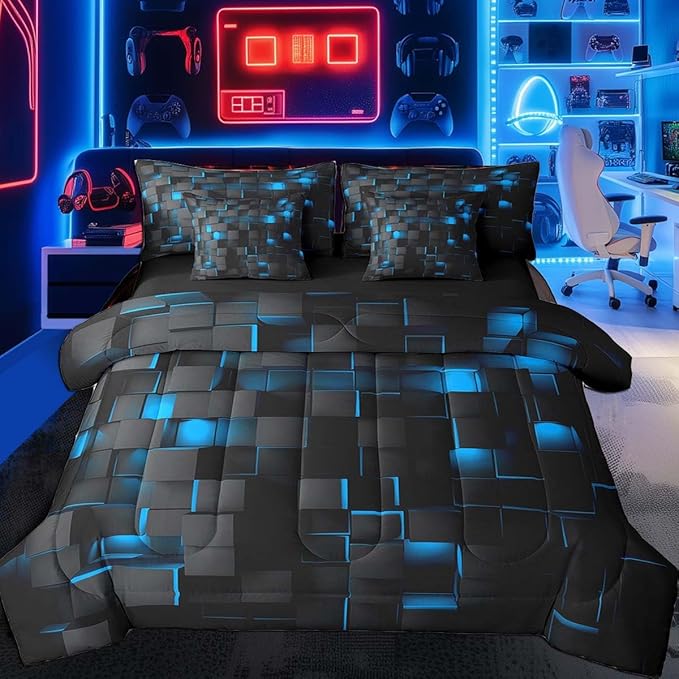 Feelyou Blue and Black Bedding Set Full Size Kids Light Geometric Comforter Set with Sheets 7 Piece Bed in a Bag forModern Bed Set with Comforter,Sheets,Pillowcases,Cushion Covers