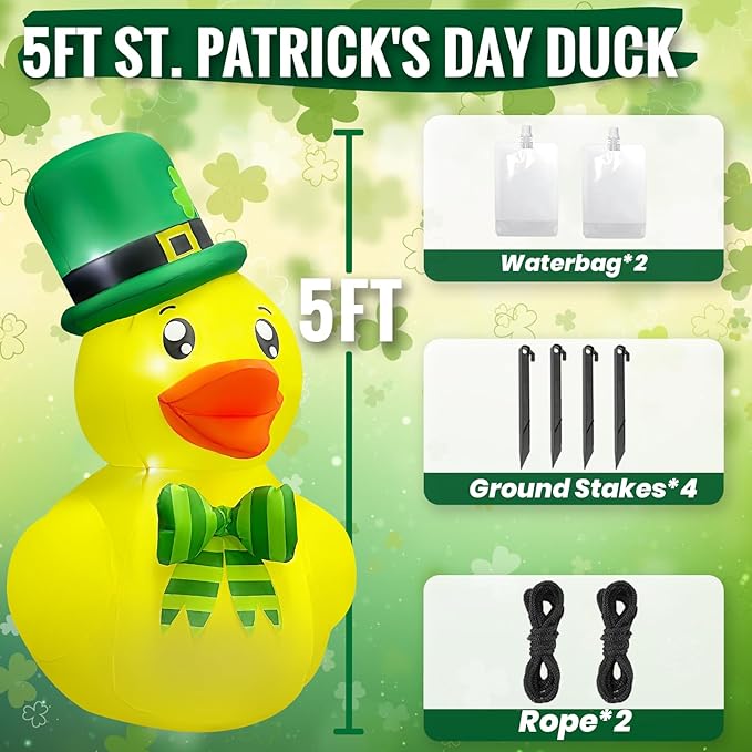 5FT St. Patrick's Day Inflatable Duck, Blow Up Duck with Shamrock Hat and Bow, Outdoor Decoration with LED Lights for Yard, Garden, Lawn, Home, Party Decor