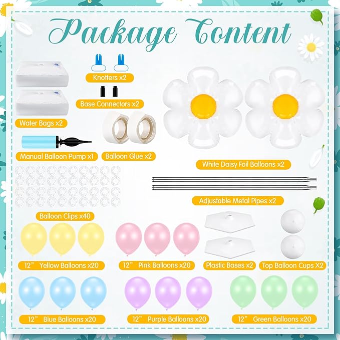 Kasyat 2 Sets Daisy Pastel Party Balloon Column Stand Kit, Adjustable Groovy Balloon Arch Stand Kit for Macaron Boho Summer Daisy Floral Theme Two Groovy Party Decoration