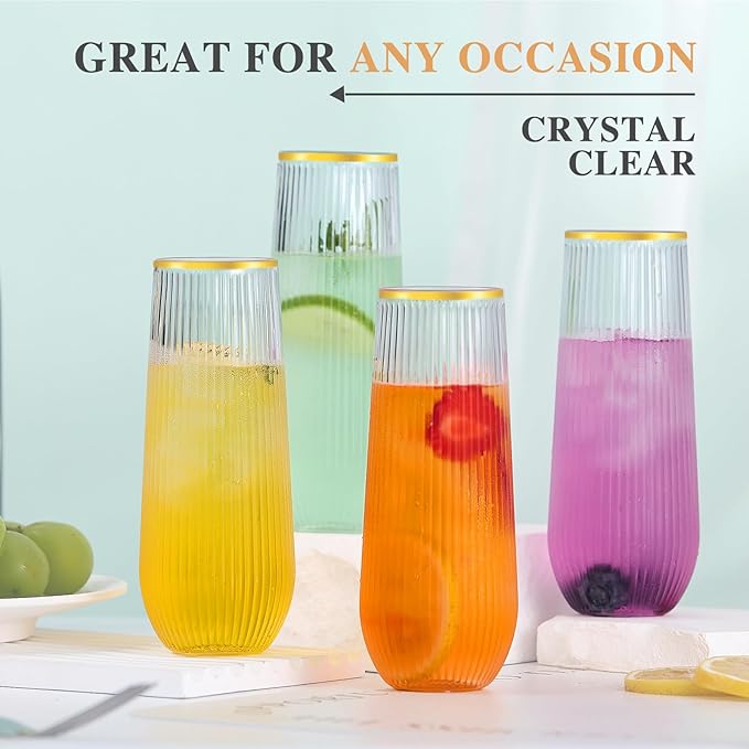 48 Pack Plastic Ribbed Champagne Flutes, 9 Oz Stemless Disposable Gold Rim Clear Plastic Toasting Glasses Shatterproof Recyclable and BPA-Free Perfect For Wedding