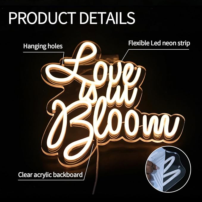 Love is in Bloom Neon Sign for Wall Decor Dimmable Led Lights Signs Letters Signs for Bridal Shower Warm White Neon Light Room Decor for Wedding Engagement Christmas Party Gift 12.8*15.16 in