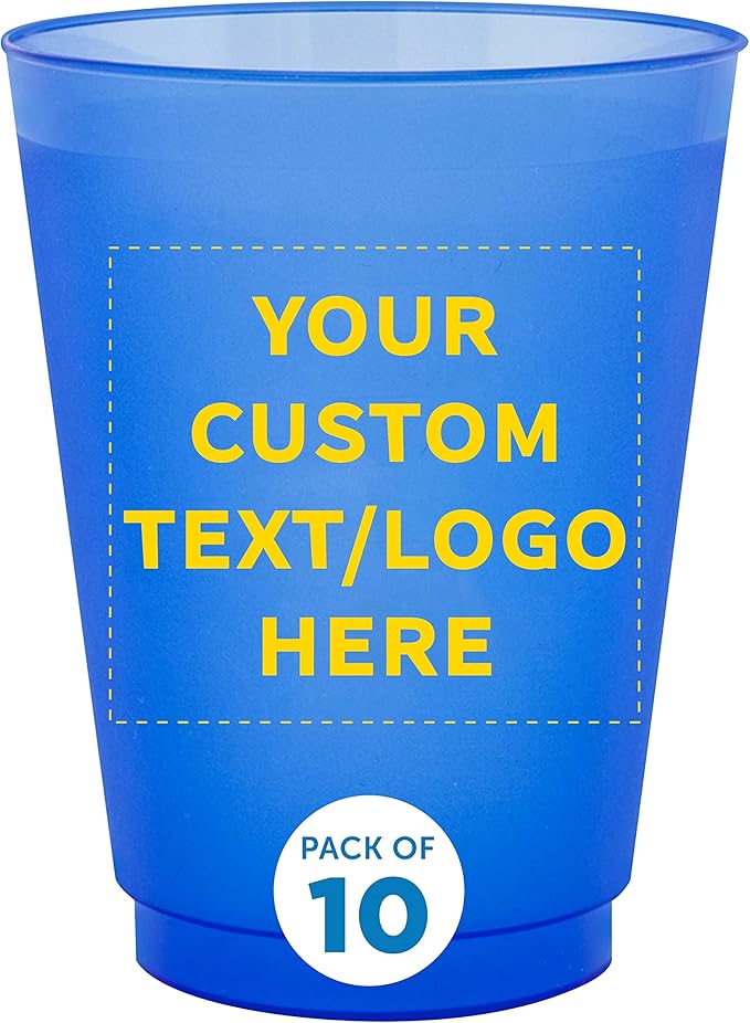 DISCOUNT PROMOS Custom Frosted Plastic Stadium Cups, 10 pack, Promotional Text, Logo, 16 oz. Shatterproof Flexible Reusable Party Cups, Blue