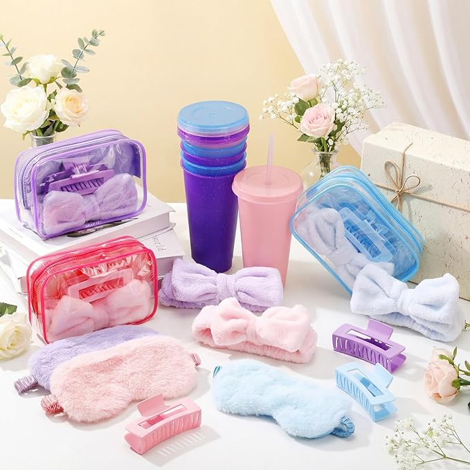 30 Pcs Spa Party Favors for Women Sleepover Party Supplies 6 Bow Headband 6 Eye Mask 6 Hair Clip 6 Cosmetic Bag 6 Glitter Plastic Cup for Adult Spa Birthday Bachelorette Gift(Multicolor)