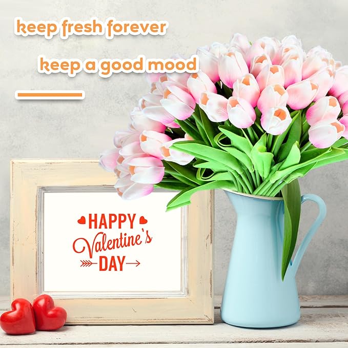 Jexine 100 Pcs Artificial Real Touch Tulips Fake Artificial Tulip Flower Bulk Bouquet with Stem for Table Centerpieces Wedding Bridal Easter Mother's Day Garden Home Decor, 13.4''(Light Pink)