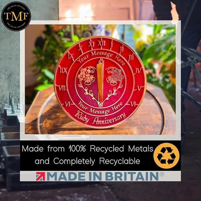 The Metal Foundry Personalized Ruby 40th Large Sundial - Recycled Brass Home Decor Or Garden Present Idea Made in The UK for Parents, Grandparents, Friends, Couples 40 Years Marriage