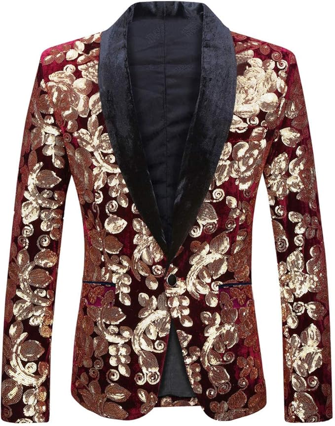 Men Fashion Velvet Sequins Floral Pattern Suit Jacket Blazer