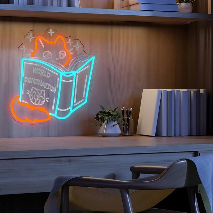 Books and Cat Neon Sign, Fox Reading Sign 3D Carving Led Light, Funny Cat Read Book Decoration, Library Wall Art, Book Store Decor, Gift For Kid, 14.6"x13"