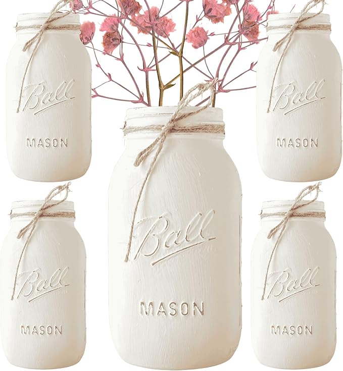White Mason Jars Centerpieces for Tables, Set of 5-32 oz Hand-Painted Mason Jars for Wedding, Baby Shower, Bridal Shower - Rustic White Centerpieces for Tables Party (5 White Jars - No Flowers)