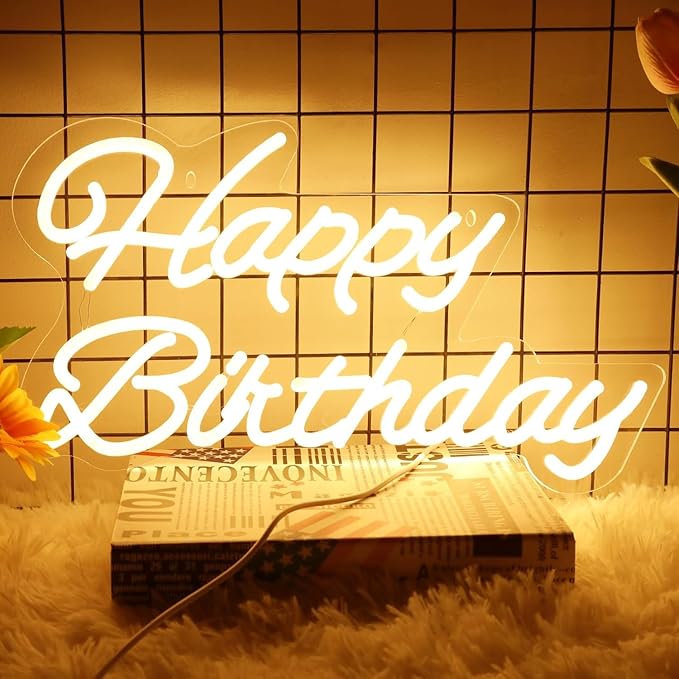 Decorative Signage - 16.54x9.06in Acrylic Birthday Neon Sign, Warm Light, Reusable, USB Powered, Dimmable, Wall Mount, Includes Chain, Screws, Hooks