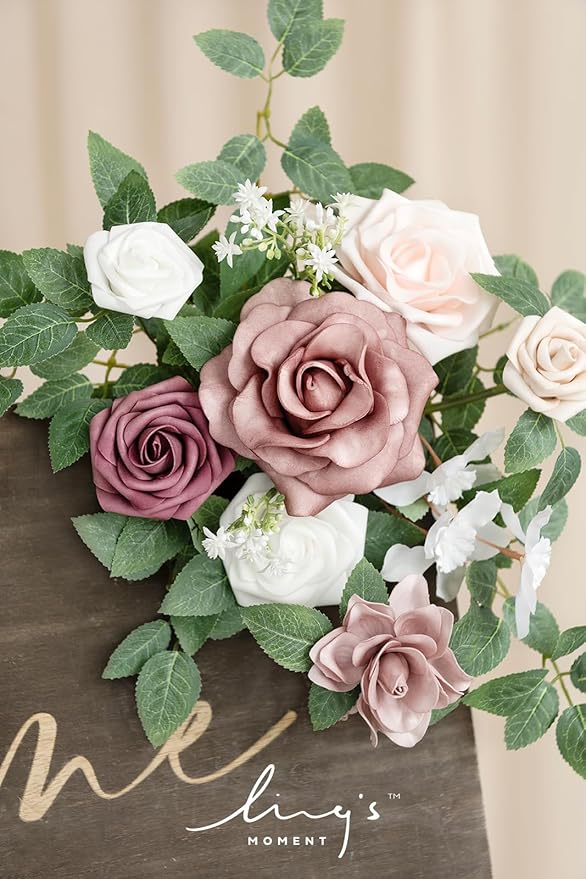 Ling's moment 2pcs Wedding Artificial Floral Swag Welcome Sign Flowers Backdrop Garland Dusty Rose Pink Cream for Ceremony Reception Door Wall Home Decorations Entryway Outdoor Board Table Decor