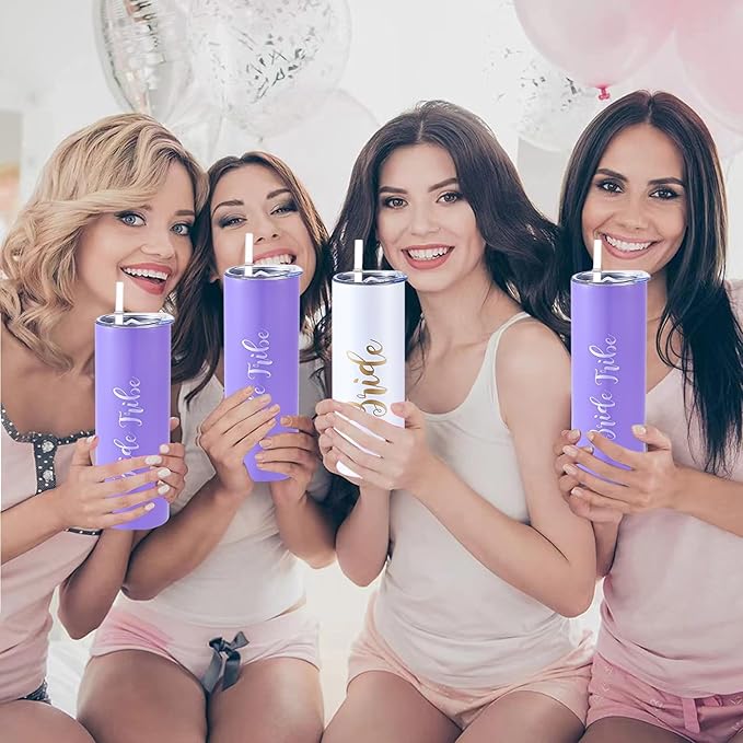 10 Pack Bride to Be Skinny Tumbler | 20 oz Bride Tribe Stainless Steel Wine Tumblers | Engagement Wedding Gifts Bridesmaids Mugs Bachelorette Party Supplies & Games