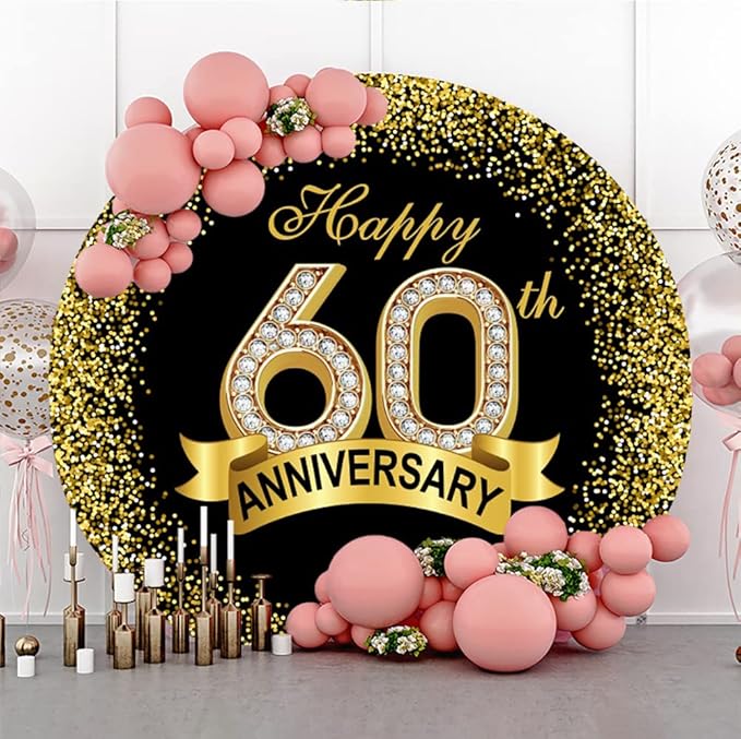 5x5ft Happy 60th Anniversary Round Backdrop Cover Luxurious Diamond Black Gold Happy 60th Years Circle Backdrop Background Gold Glitter Sequins Dots Ribbon Decor Banquet Dinner Party Props