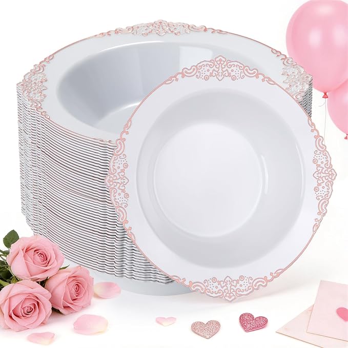 100 Pack White Plastic Bowls with Rose Gold Relief Rim, 12oz Plastic Salad Bowl, Disposable Bowls for Party, Dinners, Weddings, Christmas, Thanksgiving, Valentine's Day