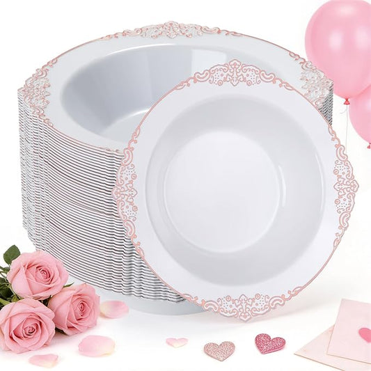 100 Pack White Plastic Bowls with Rose Gold Relief Rim, 12oz Plastic Salad Bowl, Disposable Bowls for Party, Dinners, Weddings, Christmas, Thanksgiving, Valentine's Day