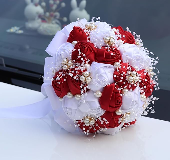 Handmade Wedding Bouquets for Bride Bridesmaid Brooch Bouquet Artificial Holding Flower Tossing Bouquet for Wedding Ceremony Anniversary(red/white-19cm)