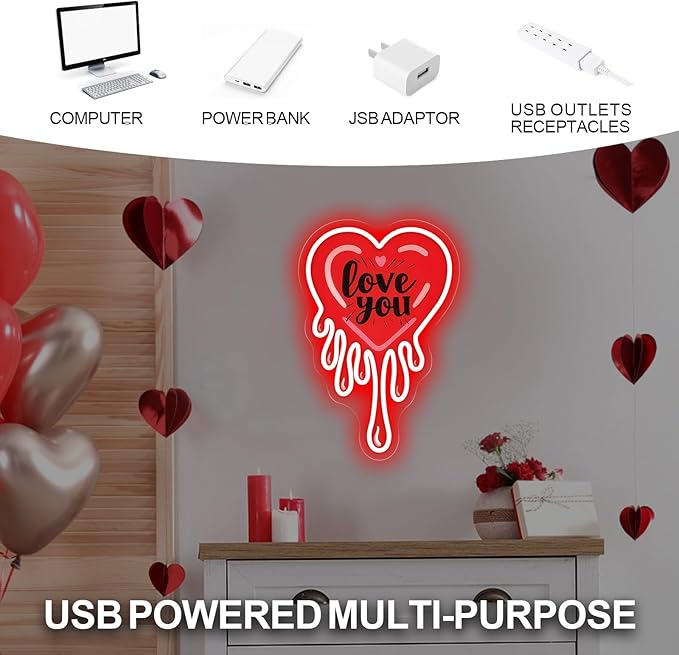 Love You Dripping Heart Neon Sign, Red Melting Heart UV Printed LED Light for Bedroom, Living Room, Valentine's Day Party Wall Art, Romantic Home Decor, Couple Gift 10″ × 15″