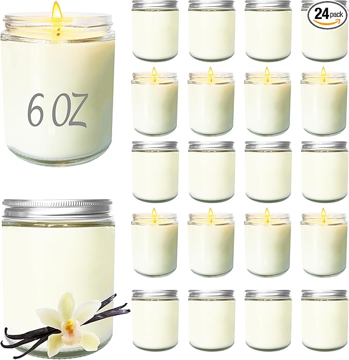 24 Pcs 6 Oz Vanilla Scented Soy Candles Set,Mason jar Bulk Candles for Gifts,Aromatherapy Candle,Great Stress Relieving Scented Candle for Girls as a Gift for Birthdays, Weddings and More!