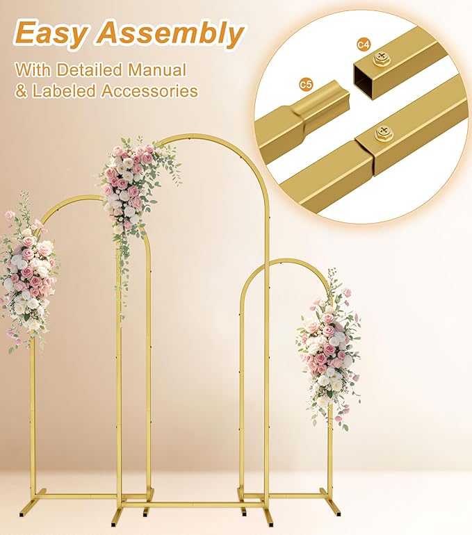 Wingedbird 3 Pack Gold Metal Arch Backdrop Stand – 4FT 5FT 6FT Balloon Arch Frame for Weddings, Easy Assembly, Indoor Outdoor Use, with Storage Bag, Durable Metal Construction