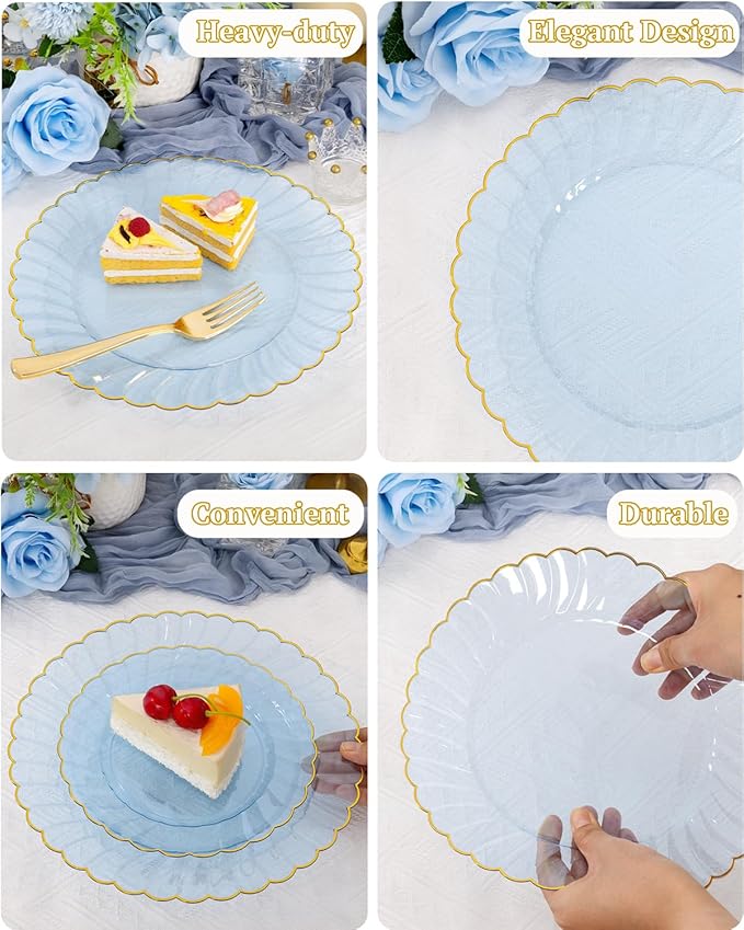YOUBET 175PCS Clear Blue Scalloped Plastic Plates - Blue and Gold Disposable Dinnerware Set Include 50 Plates, 75 Gold Silverware, 25 Cups, 25 Napkins for Party & Wedding & Baby Shower