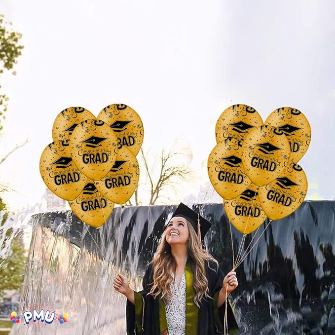 PMU 100 Pcs Gold Graduation Balloons Class of 2025 with All-Over Print White Grad Caps-Confetti and Streamers | Graduation Party Supplies | Congratulations Grad Latex Balloons Latex