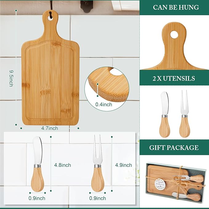 90 Set Bridal Baby Shower Cheese Prizes Wooden Square Board Gift Set Knives Forks Thank You Tag with Box for Guests for Valentines Bridal Baby Shower Housewarming (Acacia Color) (Bamboo Color)