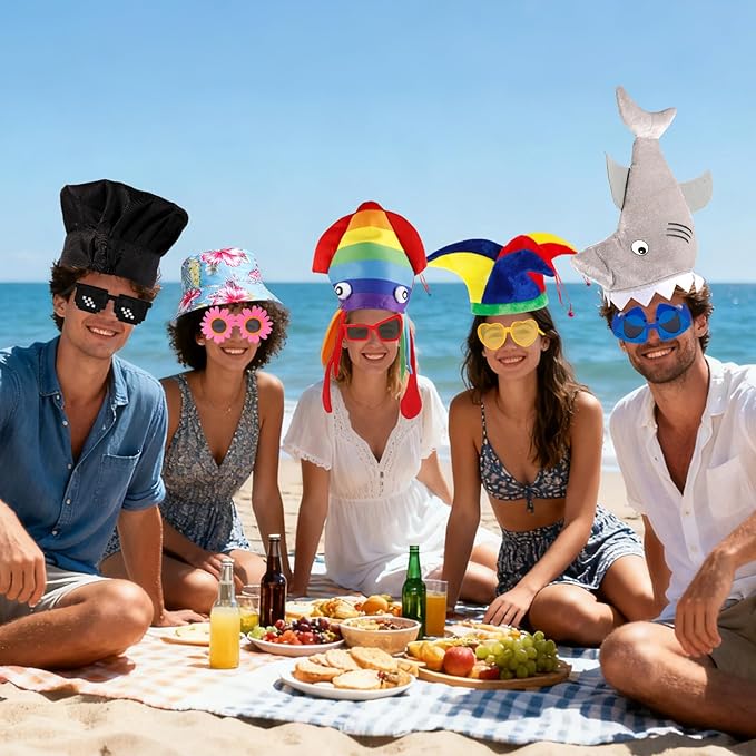 18 PCS Novelty Party Hats and Funny Glasses Pack for Photo Booth Props, 9 Assorted Funny Hats, 9 Fun Sunglasses Props, Crazy Party Hat, Fun Costume Hat Glasses Accessories for Adults
