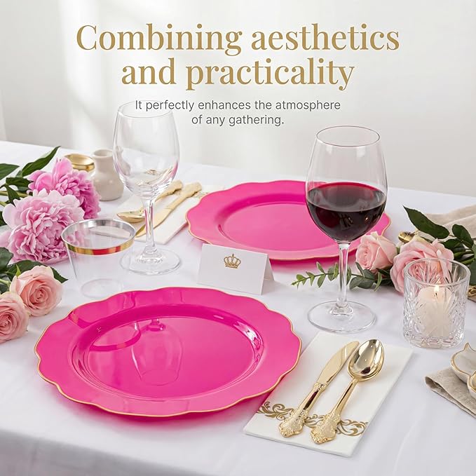 NOCCUR 175PCS Hot Pink Plastic Plates with Gold Disposable Silverware - Include 50 Hot Pink Plates,25 Knives,25 Forks,25 Spoons,25 Cups and 25 Napkins - Ideal for Party/Valentines & Galentines Day