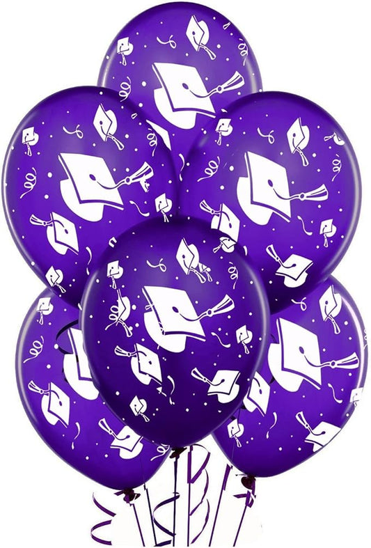PMU 100 Pcs Purple Graduation Balloons Class of 2025 with All-Over Print White Grad Caps-Confetti and Streamers | Graduation Party Supplies | Congratulations Grad Latex Balloons Latex