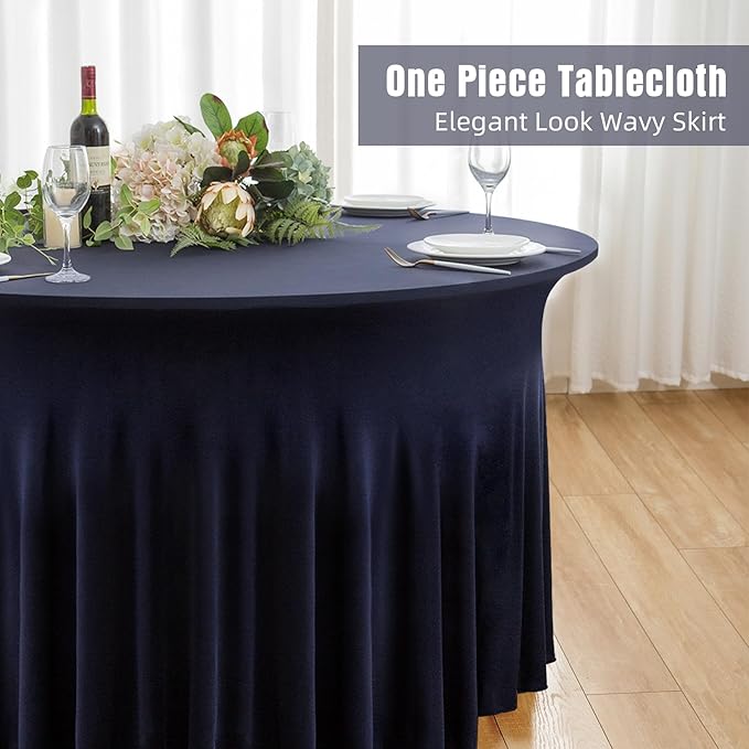 4 Pack Navy Blue Round Spandex Tablecloth 60 Inch, Wrinkle Free Stretch 120 Inch Fitted 5ft Navy Table Cloths Round Table Covers with Ruffle Skirt for Graduation Party Wedding Banquet