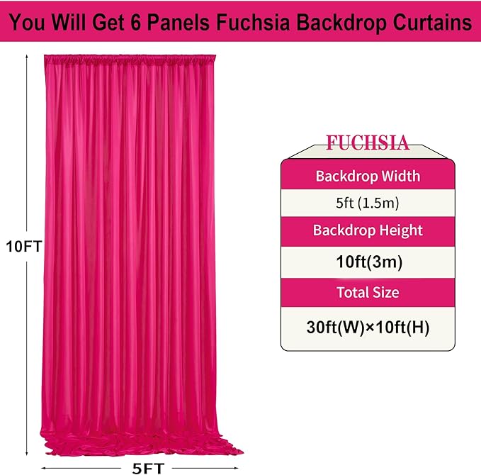 30ft x 10ft Fuchsia Wrinkle Free Backdrop Curtains for Parties,6 Panels 5×10ft Thick Silky Polyester Hot Pink Photo Backdrop Drapes Curtain for Barbie Party Wedding Birthday Baby Shower Photography