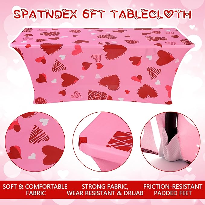 Oudain 2 Pcs Valentine's Day Stretch Table Cover 6 Feet Pink Heart Valentine's Day Spandex Table Clothes Sport Theme Party Decorations for Holiday Party Celebration Picnic Dinner Decor