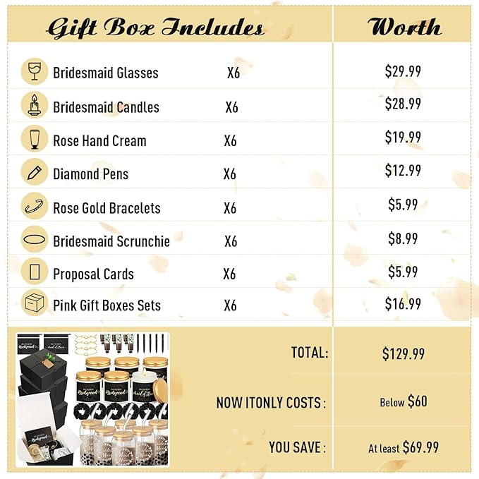 60 Pcs Bridesmaid Proposal Gifts Bridesmaid Box Set, Maid of Honor Gifts Include Box Glass Cup Candle Cards Scrunchies Hair Knotted Bracelets Hand Cream Diamond Pens(Black)