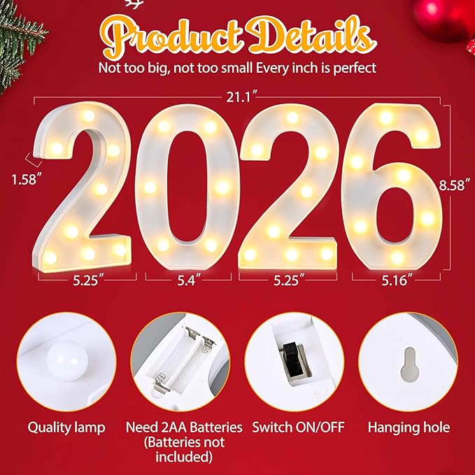 Light Up Numbers 2026, Light Up Numbers for Xmas New Year Decorations Class of 2026 High School Party Graduation Decorations,Lighted Number Sign for 2nd, 20th, 22nd, 26th, 60th, 62th Birthday Decorations (8.58IN-Warm White)