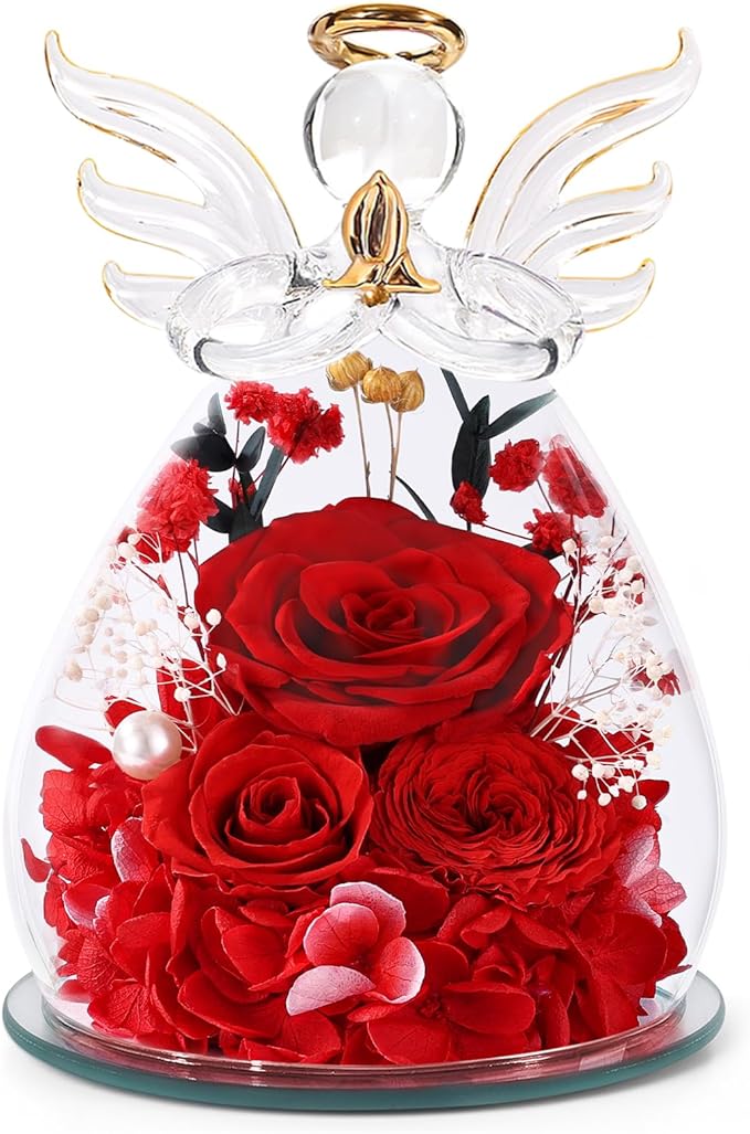Birthday Gifts for Women Mom Preserved Roses in Glass Angel Figurines Fresh Flowers for Delivery Forever Flowers Eternal Rose Valentines for Grandma Sister Wife Her from Daughter