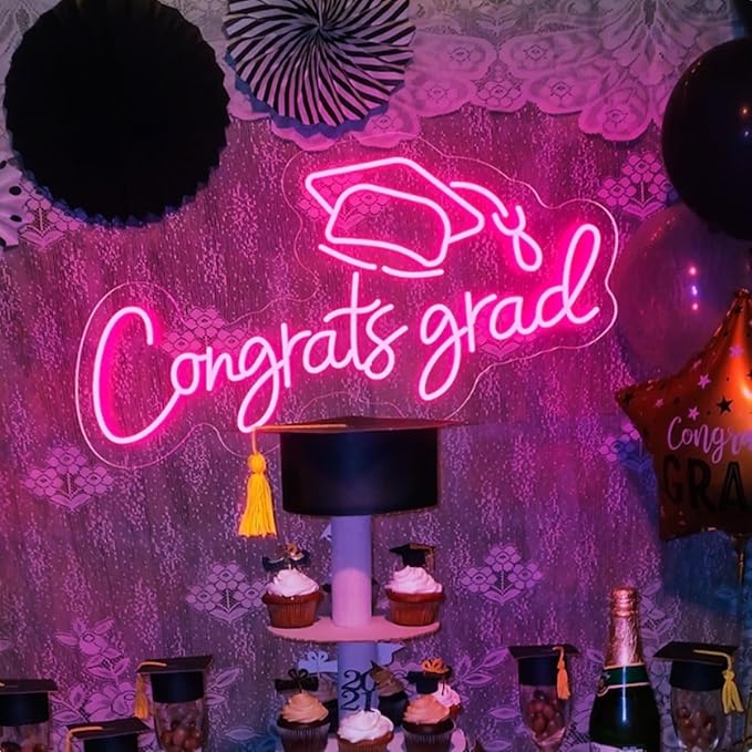 LED Acrylic Congrats Grad Neon Sign Dimmable Congrats Grad Banner Graduation Decorations Class of 2025 for Party Room Dorm Backdrop Celebration Gifts(Pink)