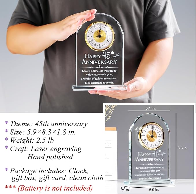 YWHL 45th Wedding Anniversary Quartz Clock Gift for Parents, 45 Year Anniversary Romantic Gifts for Couples, Happy 45th Anniversary Glass Keepsakes Decorations (Battery not Included)
