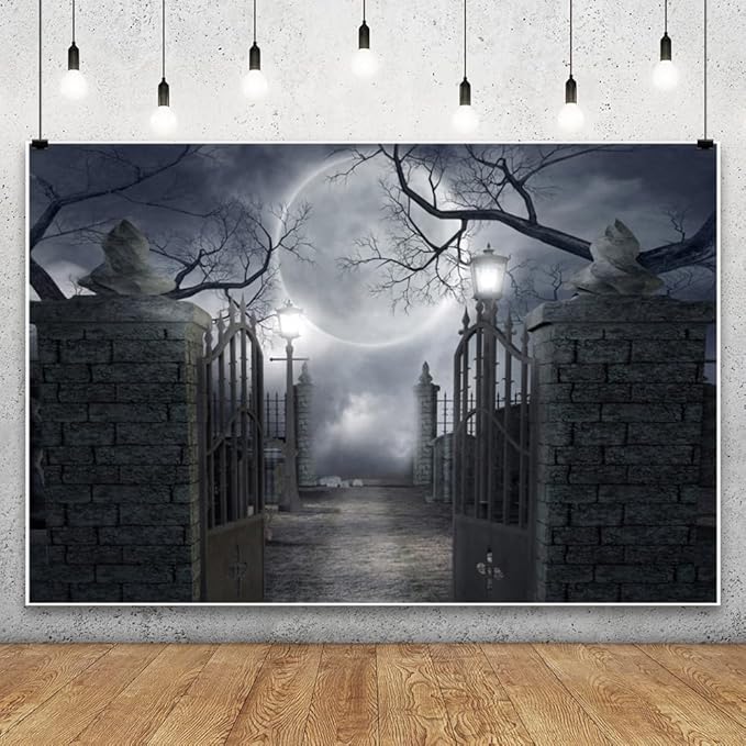 Halloween Night Backdrop Full Moon Cemetery Horrible Gloomy Forest Background Banner Spooky Theme Party Studio Photography Decoration Backdrops 20x10FT Wallpaper