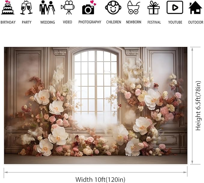 European Style Interior Room Backdrop 10x6.5ft Art Oil Painting Flowers French Window Photography Background Birthday Bridal Shower Women Girl Home Room Office Decor Banner Photo Studio Props