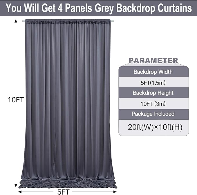 20ft×10ft Wrinkle Free Grey Backdrop Curtain for Parties, 4 Panels 5×10ft Soft Silky Polyester Charcoal Photo Backdrop Drapes for Wedding Birthday Baby Shower Photography Backgrounds