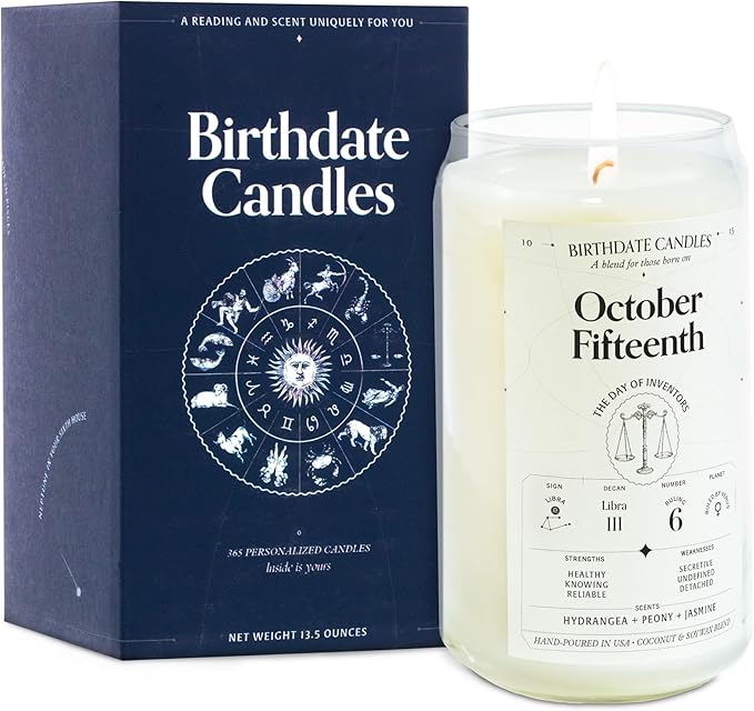 Birthdate Candles, October 15 - Libra Zodiac Scented Candles Birthday Gift - Hydrangea, Peony & Jasmine Scent - All-Natural Soy & Coconut Wax, 60-80 Hour Burn Time - Made in USA