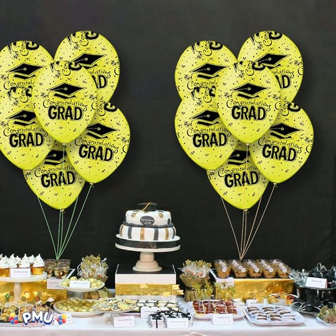 PMU 100 Pcs Crystal Yellow Graduation Balloons Class of 2025 with All-Over Print White Grad Caps-Confetti and Streamers | Graduation Party Supplies | Congratulations Grad Latex Balloons Latex