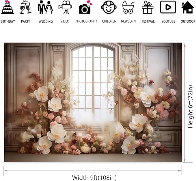 European Style Interior Room Backdrop 9x6ft Art Oil Painting Flowers French Window Photography Background Birthday Bridal Shower Women Girl Home Room Office Decor Banner Photo Studio Props