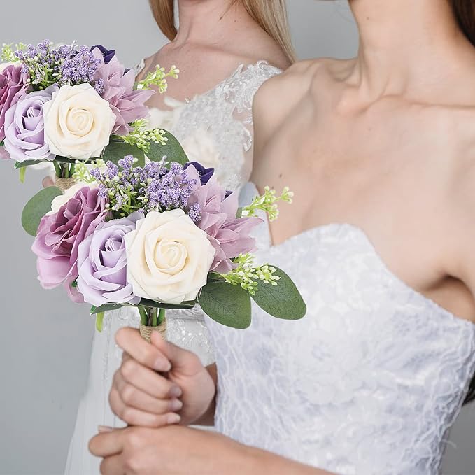 Artificial Bridesmaid Bouquets 4Pcs -7 Inch Bridesmaid Bouquets Fake Floral Silk Rose Handmade for Wedding Holding Flowers, Bridal Shower,Engagement Wedding Ceremony Anniversary - Lilac