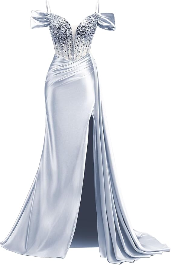 Rjer Off The Shoulder Satin Prom Dresses Long with Slit Tail 2026 Sequin Beaded Pleated Evening Ball Gown for Women Formal