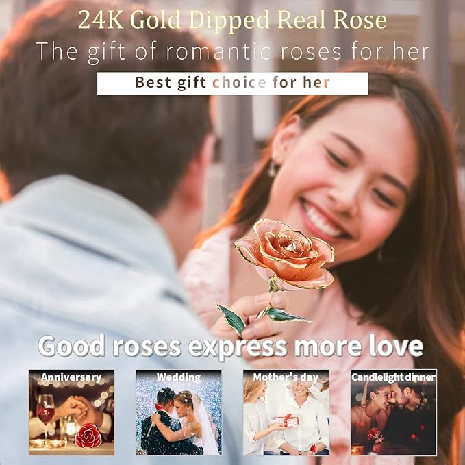 24K Gold Rose, Gold Dipped Rose Made from Real Rose Best Gifts for her and Great Gifts for Wife, Pink with Stand